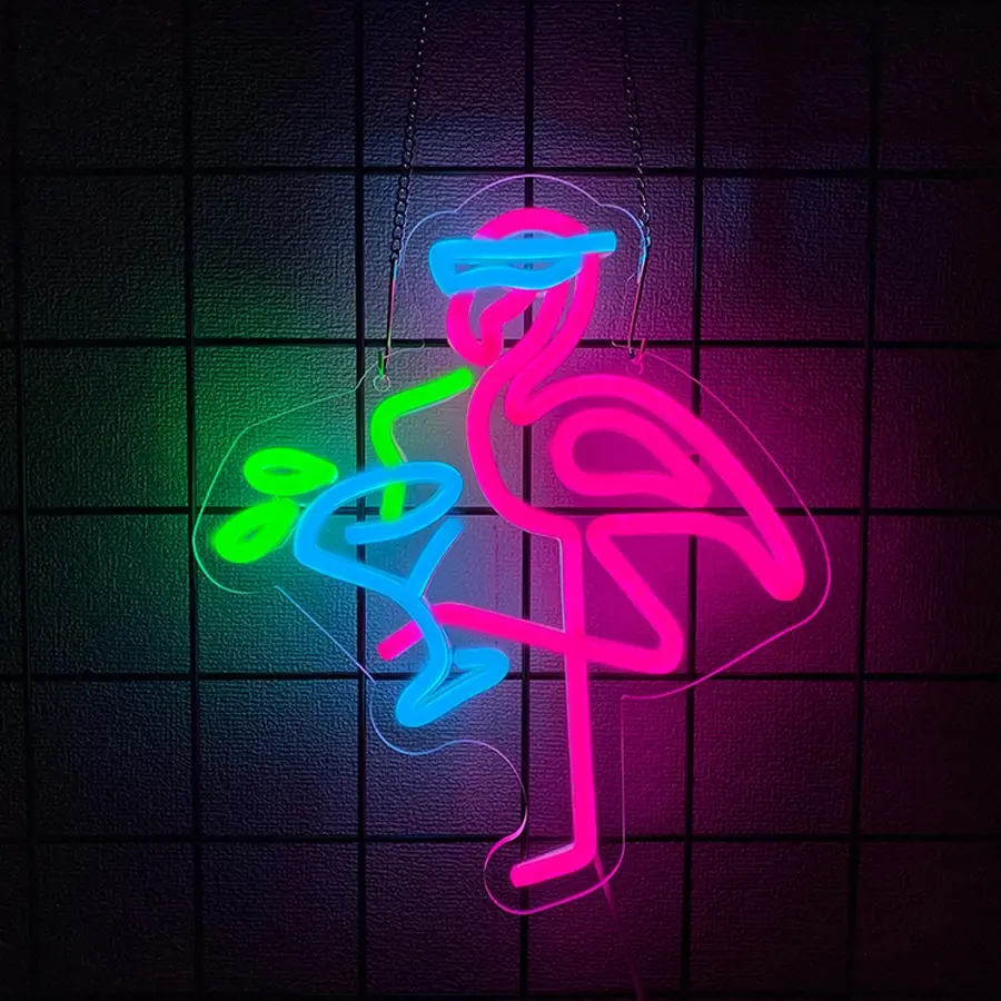 Hawaiian Party Neon Flamingo Light Decor, Blue Flamingo Cocktail Neon Lamp, Bar Wall Decoration, Tropical LED Sign, Girls Bedroom Decor, Led Neon Lights