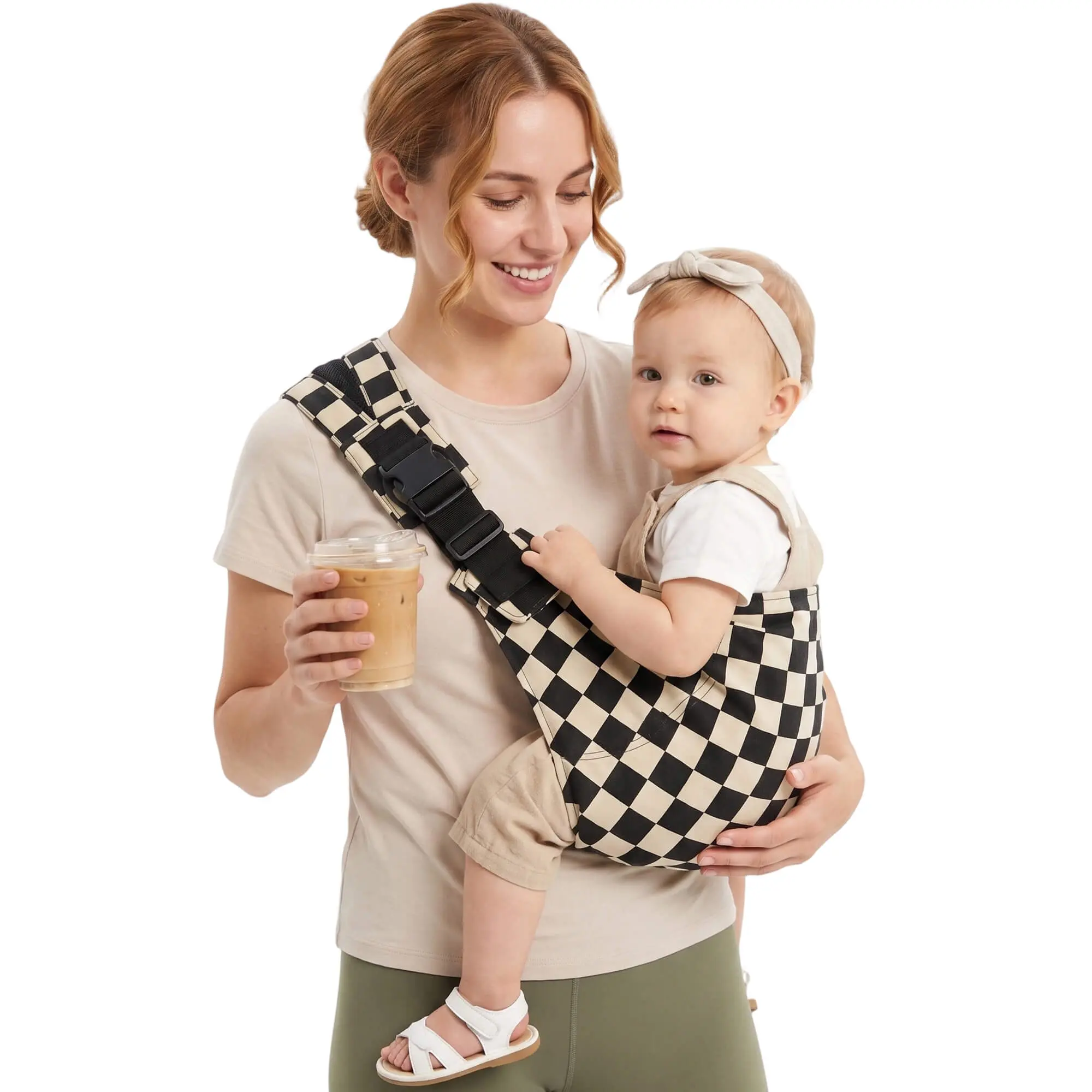 2026 New Design YUBEBE Unisex Adjustable Ergonomic Baby Sling Carrier - Retro Checkered Pattern, Breathable Cotton, Hands Free Toddler Sling, 12-45 lbs Capacity