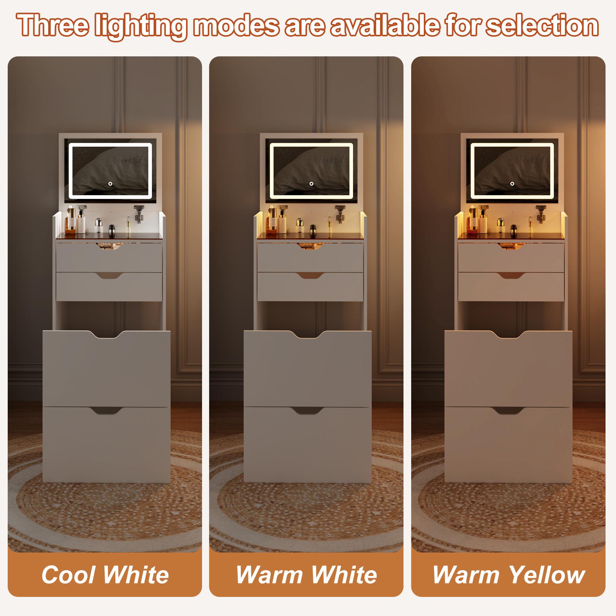 3-in-1 Lighted Makeup Vanity Set with Stool - Adjustable LED Vanity Table, 3-Color Lighting Mirror, Sliding Drawers, Hidden Storage, Space-Saving Bedroom Makeup Table with Lights, Makeup Vanity With Lights, Adjustable Vanity Set