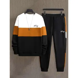 menswear KING Men's Casual 2pcs Set: Color Block Crew Neck Sweatshirt & Print Joggers - Polyester Knit, Regular Fit for Spring/Fall Sports Outfits Fathersdaygift Athletic Tracksuit