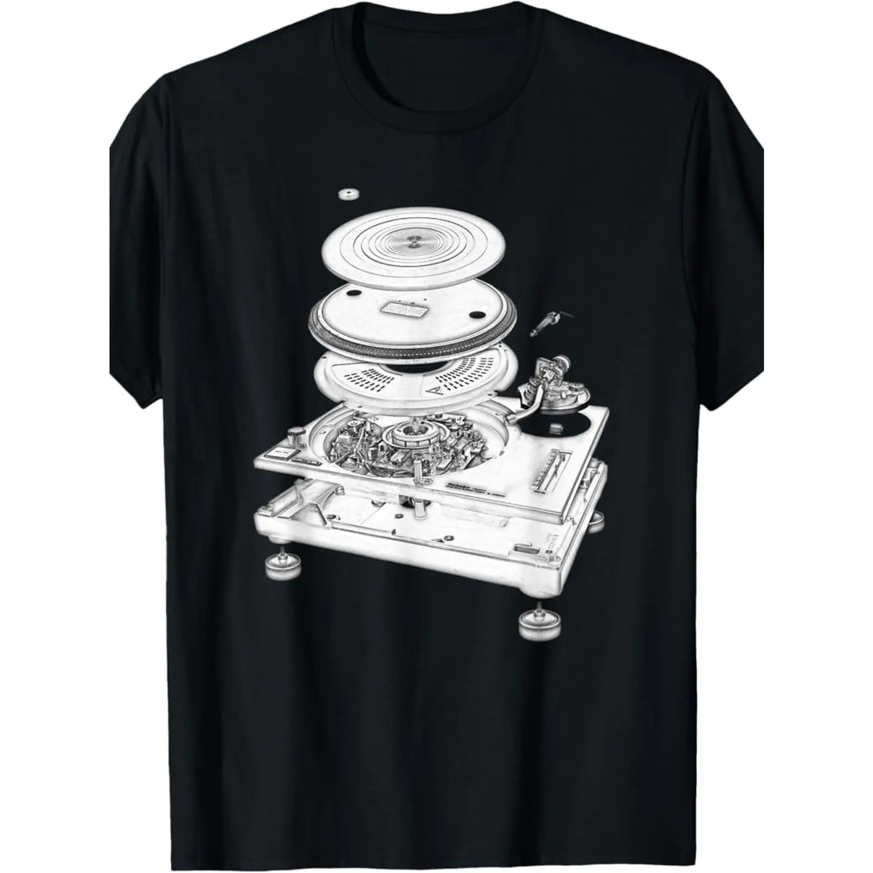 [100% Cotton] Vintage DJ Turntable 1210 Blueprint Graphic T-Shirt For Men - 100% Cotton Crew Neck Short Sleeve Music Lover Gift Menswear Tops T-Shirt For Men And Women