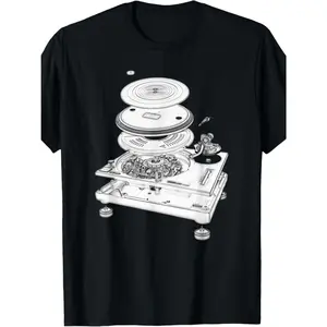 [100% Cotton] Vintage DJ Turntable 1210 Blueprint Graphic T-Shirt For Men - 100% Cotton Crew Neck Short Sleeve Music Lover Gift Menswear Tops T-Shirt For Men And Women
