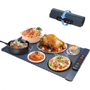 10s Rapid Heating Food Warming Mat, 5 Temperature Settings Silicone Electric Heating Tray with 1-4H Timer & Child Lock, Foldable Portable Food Warmer for Family Gatherings/Camping/Baking, Dark Blue