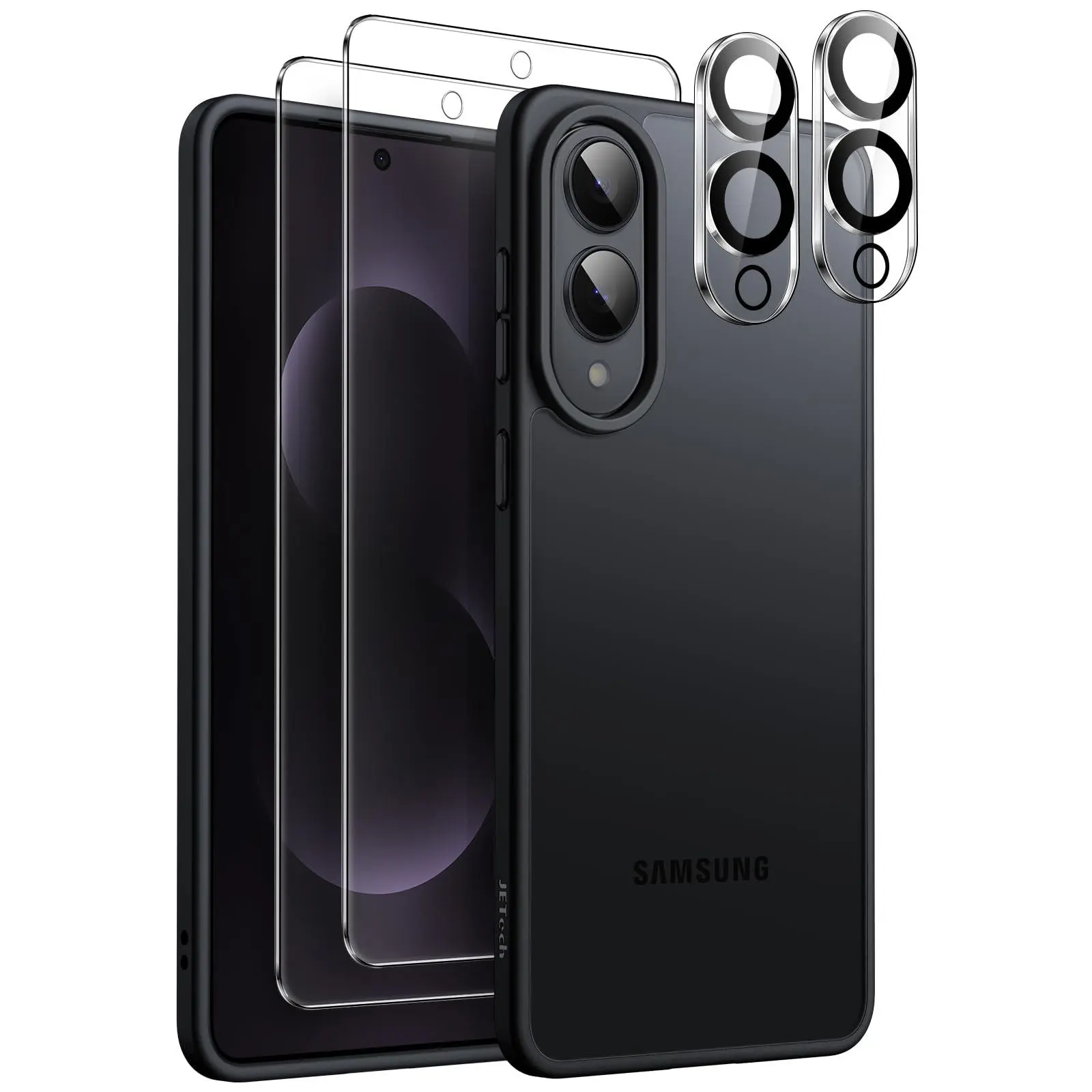 JETech 5 in 1 Matte Case for Samsung Galaxy S25 Series with 2-Pack Each Screen Protector and Camera Lens Protector, Translucent Back Phone Cover, Tempered Glass Film