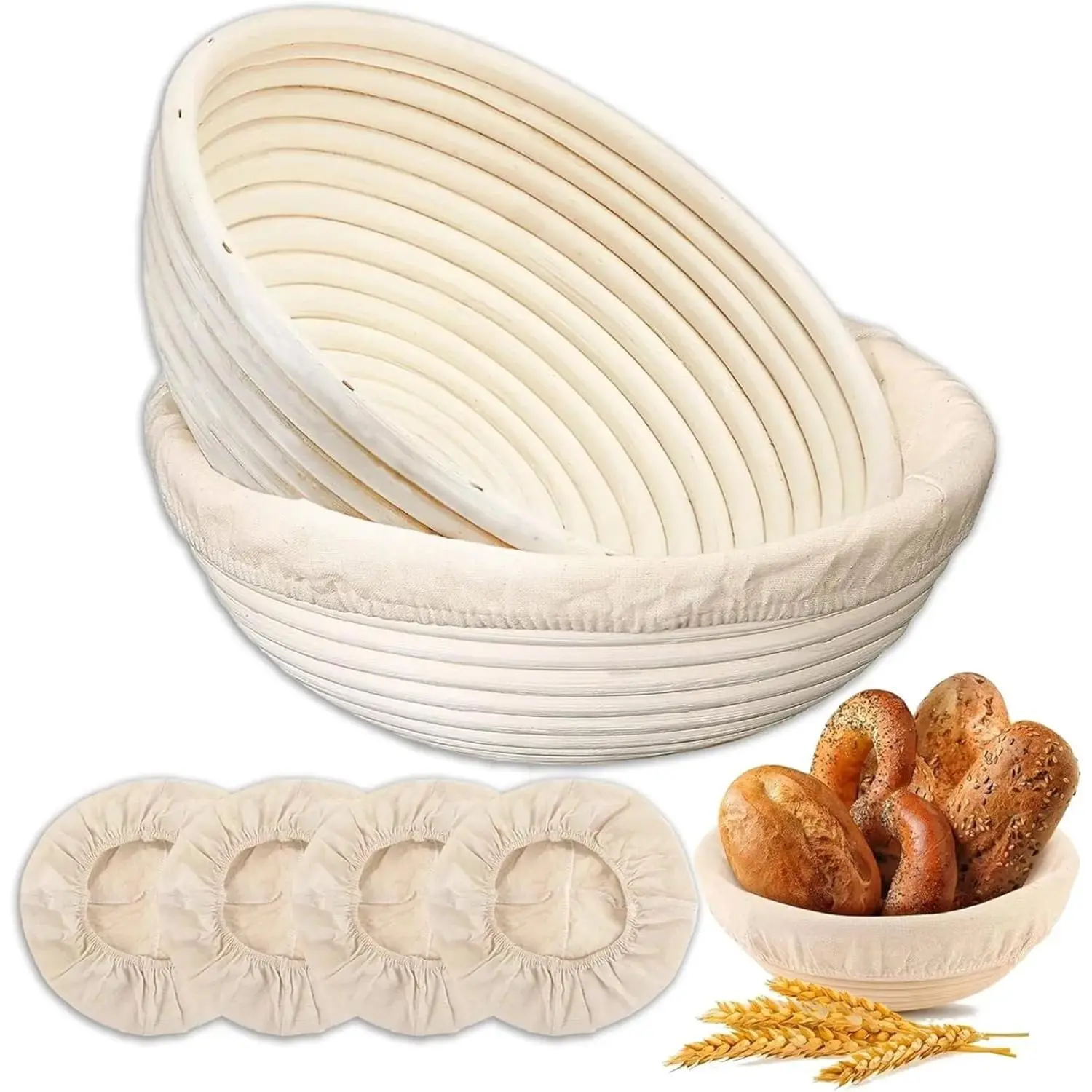 Banneton Bread Proofing Basket - Proofing Basket Set of 2 (9 inch Round) - Natural Rattan Banneton with 4 Linen Liners - Bread Basket for Sourdough Bread Baking Supplies Bakeware