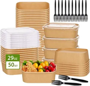 50-Pack 29oz Disposable Kraft Paper Bowls【with Lids and Forks】,Meal Prep Containers Disposable To go Food Containers for St.  Patrick's Day Parties Take Out Containers, Microwave Safe for Hot/Cold Food