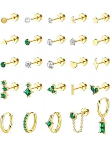Single 25 Pcs Golden Hypoallergenic Flat Back Earrings 20G Cartilage Tragus Conch Surgical Stainless Steel Piercing Jewelry Trendy Flat Back Stud Earrings for Women Men Small Hoop Earring Set for Multiple Piercings