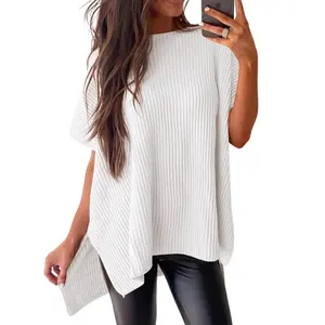 Women's Loose Knit Short Sleeve Sweater Top - Casual Crewneck Ribbed Batwing Poncho Shirt - Oversized Summer Light Knitwear Blouse for Leggings