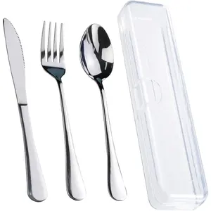 Travel cutlery set with case, stainless steel reusable portable cutlery set with case, travel silverware set