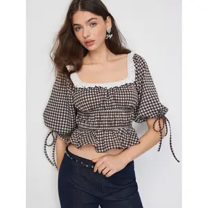 Cider Gingham Square Neck Puff Sleeve Ruched Peplum Oversized Top
