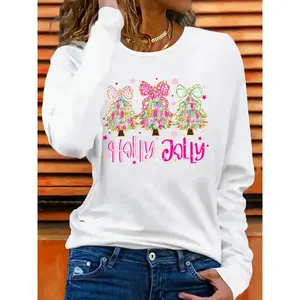 Festive Pink Christmas Sweater for Women Long Sleeve Party Top with Pink Bow and Holly Prints Relaxed Crew Neck Elastic Material Suitable for Casual or Dressy Christmas Looks Machine Washable Shiny Pink & Gold Patterns for a Cheerful Cute Hoodie