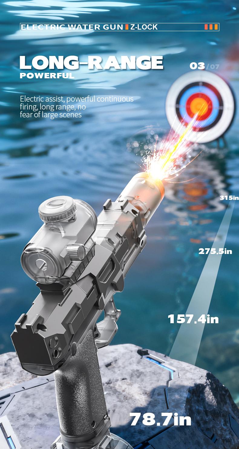 LED Light-Up Tactical Water Gun, Powerful Automatic Electric Squirt Blaster with Luminous Flame Effect, 32+ FT Long Range Battery Powered Toy for Summer Battles