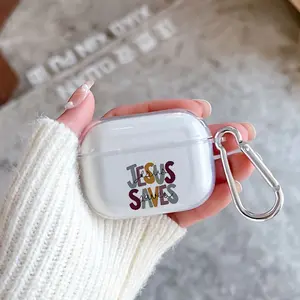 Jesus Saves Symbol Pattern TPU Soft Protective Case for Apple AirPods 4/3/2/1/Pro/Pro2 Transparent Earphone Cover with Keychain Attachment