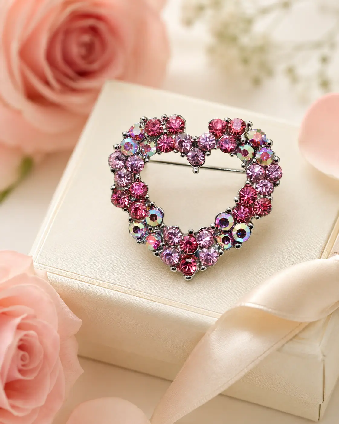 Women's Multi-Color Crystal Open Heart C-Shaped Brooch Pin - C-Shaped Clip Jewellery, Brightness Rhinestone Sweater Accessory (1.5" Wide, 1.25" Long), All Seasons Valentine’s Day Gift, Romantic, C-Shape Closure