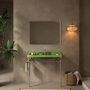 VICI 36" Bathroom Console Sink, Wall-Mounted Green Ceramic Vanity Basin with 3 Pre-drilled Faucet Holes, Freestanding Stainless Steel Support Legs with Towel Bar, No Faucet, Chrome Color