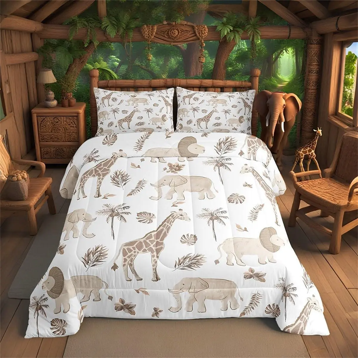 Feelyou Soft Microfiber 3D Wildlife Print Duvet & Set - Breathable, Machine Washable, Includes Animal Blanket, for Kids' Birthdays, Toddler/Queen Sizes (Elephant, Lion, Giraffe Designs) | Bedroom Blanket, 3D Duvets & Sets