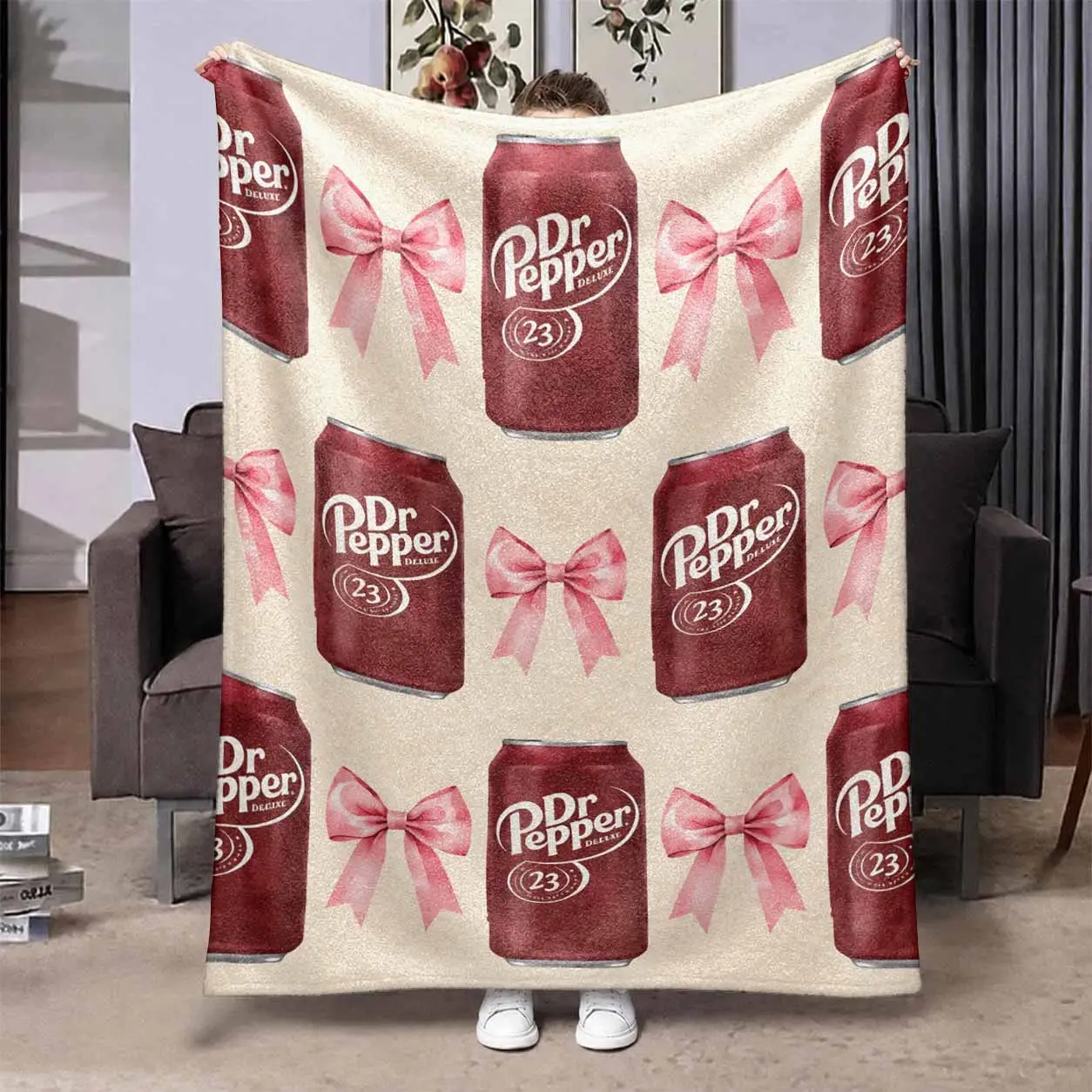 Dr Pepper Can Bow Flannel Blanket. Cozy Warm Lightweight Plush Throw Blanket. Aesthetic Beverage And Pink Ribbon Pattern. Perfect Gift For Family And Friends. Suitable For Bed. Couch. Camping. Movie Theater Or Travel.