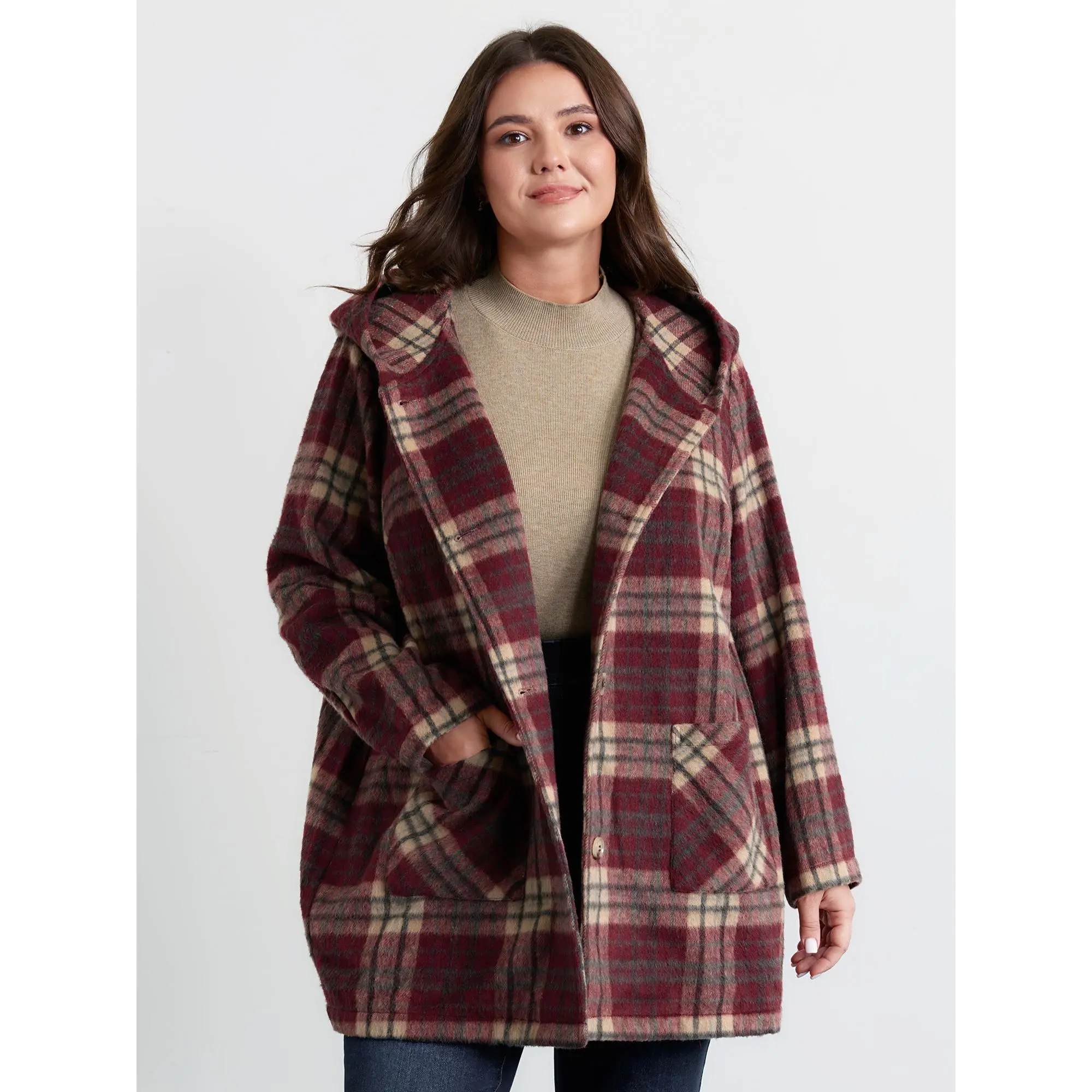 BLOOMCHIC Women's Plus Size Plaid Polyester Fleece Hooded Button Front Jacket - Long Sleeves, Full Sleeve, Loose Fit, Patch Pocket, Smooth Fabric, Casual Outerwear, M-6X, 2026 Summer Vibes, Spotlight Deal, Machine Washable, Do Not Tumble Dry, Tops, Jacket