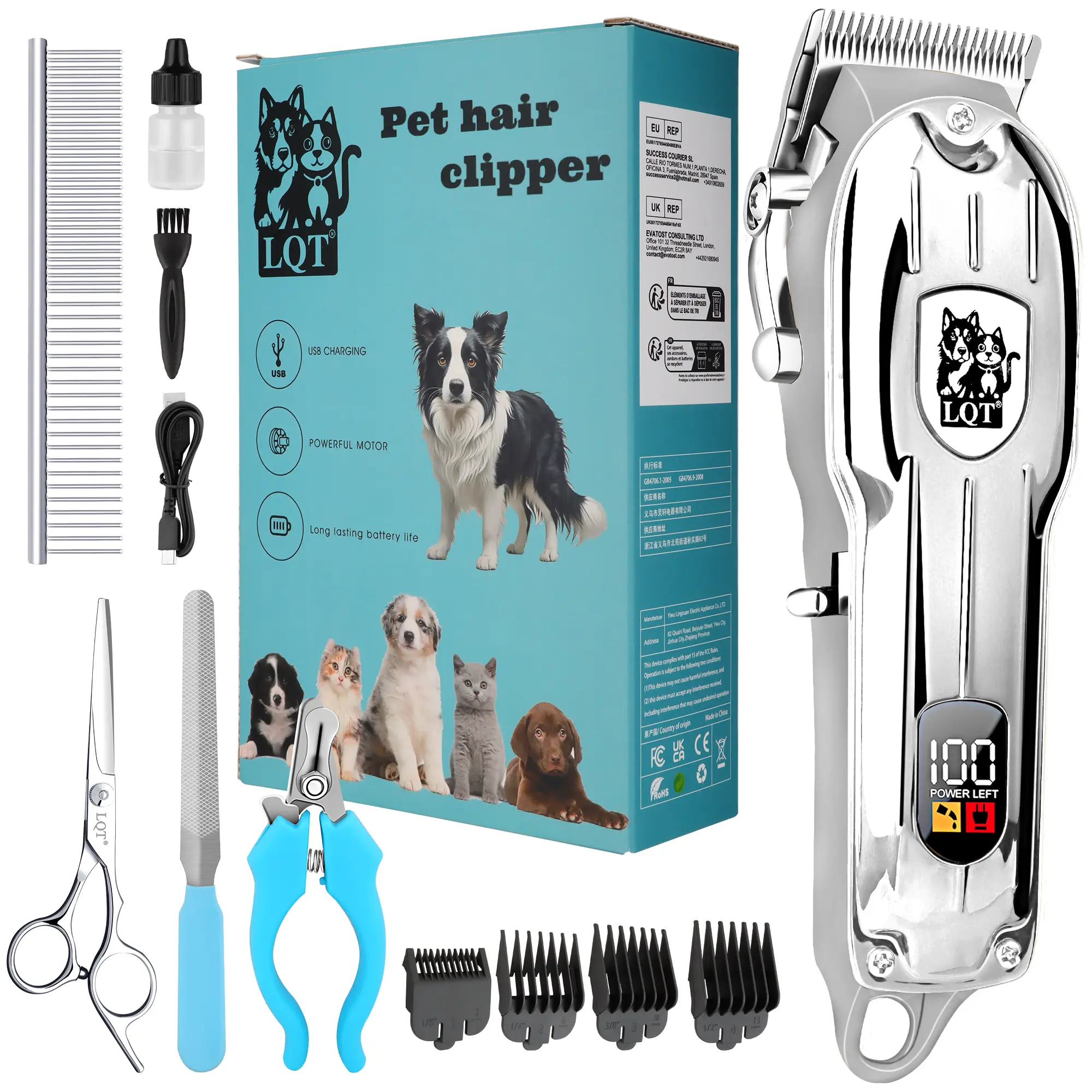 Full Metal Silver LQT Professional Pet Hair Clipper Kit, LCD Rechargeable Cordless Dog & Cat Grooming Trimmer with 4 Limit Combs, Scissors, Nail Clipper & Complete Pet Groom Accessories