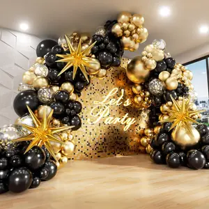 Black & Gold Balloon Garland Arch Kit – 5–18 Inch Black, Gold & Confetti Latex Balloons for 2025 Graduation, New Year, Anniversary & Birthday Party Decorations