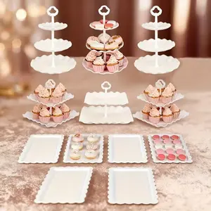 Pack of 12 Cake Stand Set with 3 x Two-Tier and 3 x Three-Tier Cupcake Stands, 6 x Appetizer Trays, for Birthday Baby Bridal Shower Party (White/Pink/Black/Gold) outdoorfun