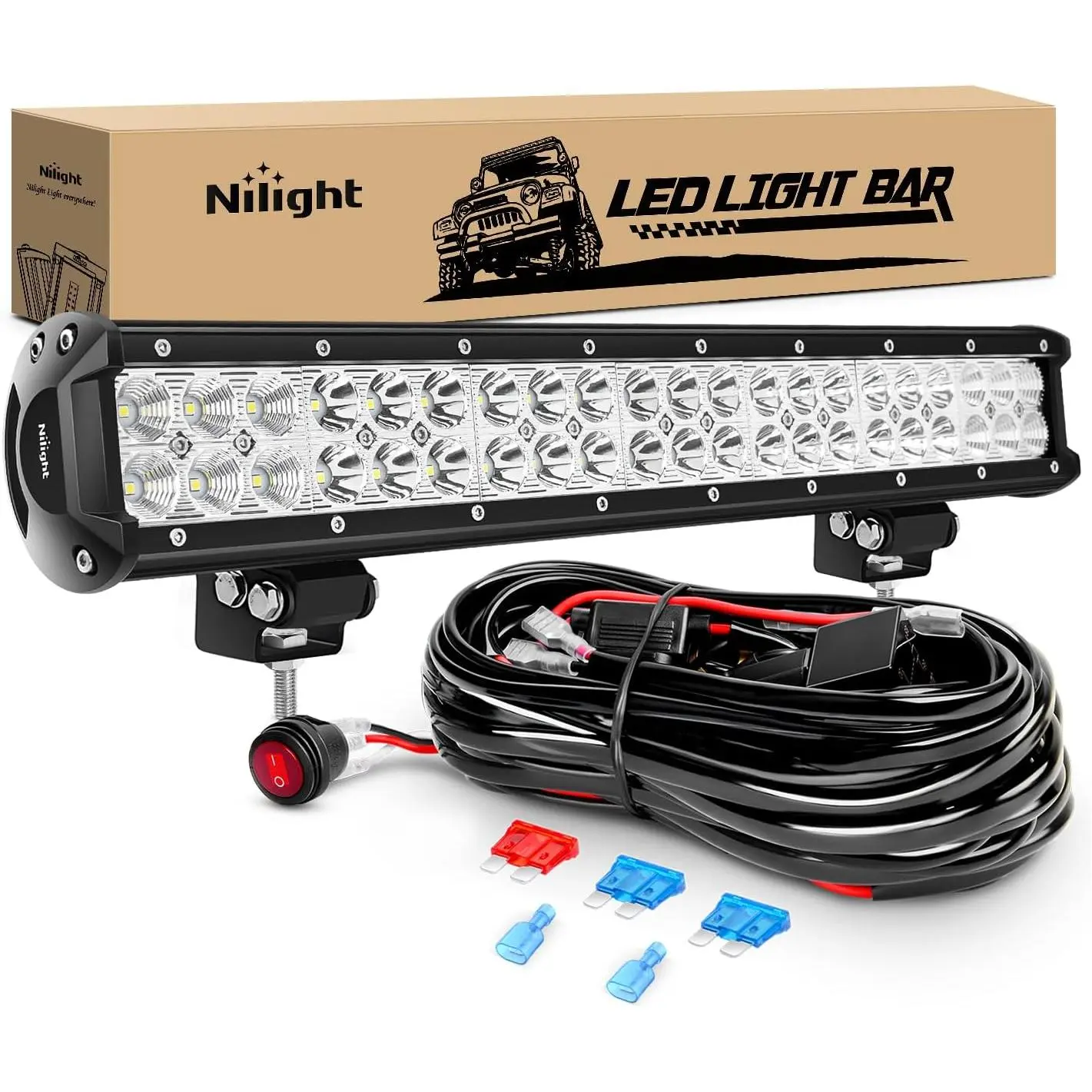 Nilight LED Light Bar 20 Inch 126W Spot Flood Combo Led Off Road Lights with 16AWG Wiring Harness Kit-One Lead Lightbar, Led Car Lights, Work Light