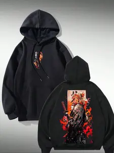 Unisex Japanese Anime Demon Slayer Enma Iguro Hoodie, Flame Colorblock, Front Back Dual Pattern, Casual Fall Winter Wear