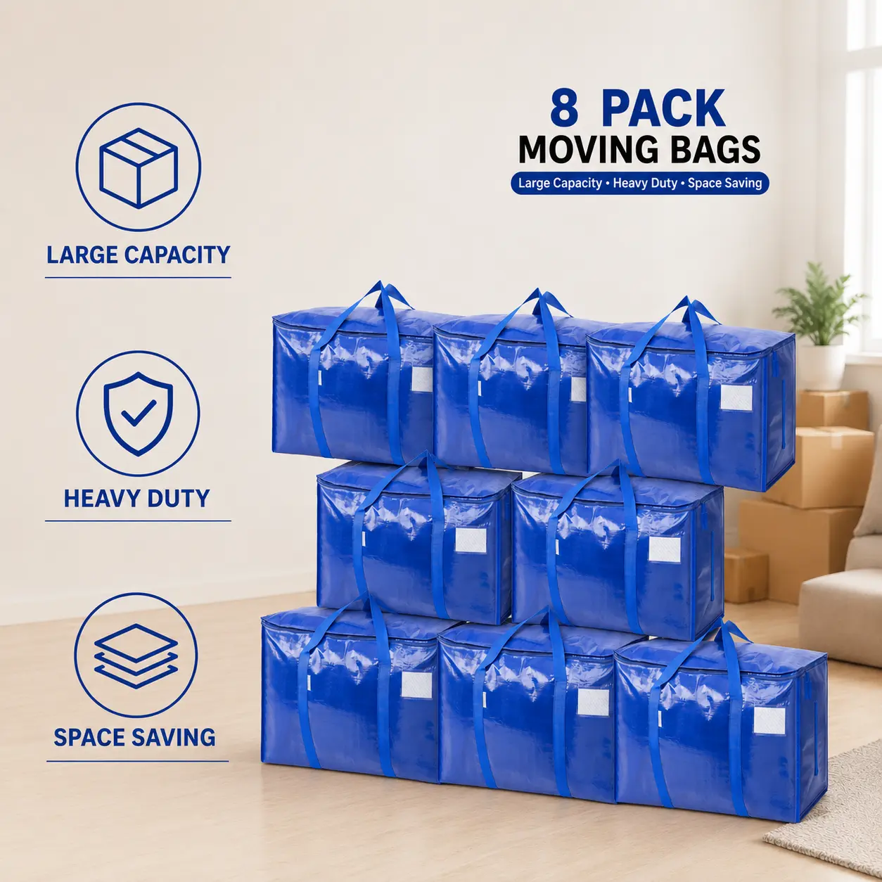 8 Pack Extra Large Water-Proof Moving & Storage Bags - Strong Zipper Top, Wrap-Around Handles, Reusable, Foldable Totes for Clothes, Comforters - Ideal for Dorm Students, Space-Saving Home Organization,dorm essentials,home decor