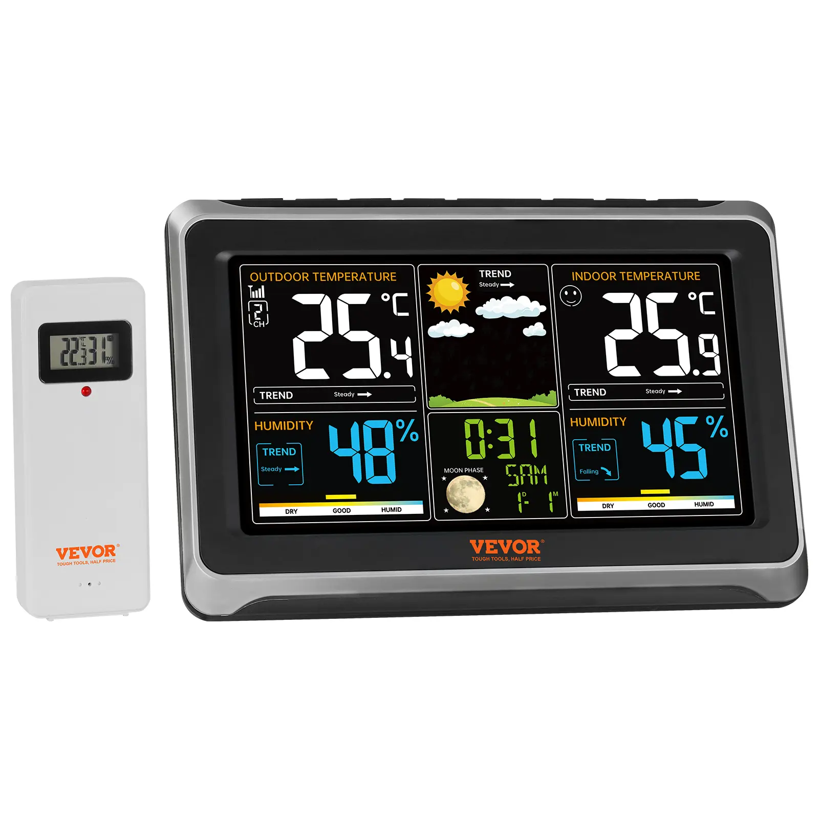 【Summerfinds】VEVOR Weather Station Indoor Outdoor, 7.5 in Large Color Display, Wireless Digital Home Weather Station, with Sensor Atomic Clock Adjustable Backlight Forecast Data Calendar Alarm Alert Temperature