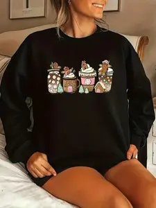 Women's Drop Shoulder Sweatshirt, Gingerbread Man and Milk Tea Print, Comfortable Long Sleeve Round Neck Pullover, Fall & Winter Fashion