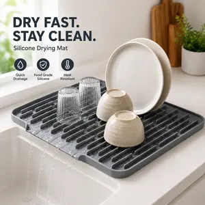 Silicone Dish Drying Mat (15.7" × 12.4") – Fast Draining Kitchen Counter Mat with Built-In Spout, Heat Resistant & Easy to Clean