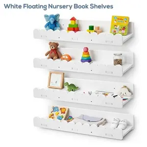 Set of 4 White Floating Nursery Book Shelves – 15.6″ Scalloped Kids Wall Shelves, Pre‑Assembled Floating Bookshelf for Nursery Decor, Kids Room Storage & Wall Display