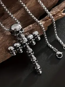Gothic Cross Skull Necklace for Men - TikTok Viral #DarkFashion #Metalhead Jewelry - Stainless Steel Punk Choker Chain - Perfect for Halloween, Christmas Goth Gift & Concert Accessories - Edgy Biker Rocker Style Gift Cross Necklaces