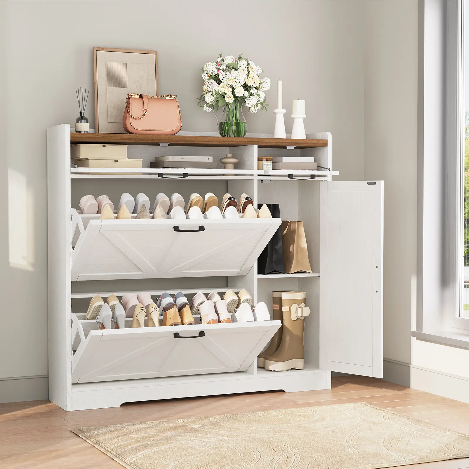 HOOBRO Farmhouse Shoe Storage Cabinet, Shoe Cabinet Storage for Entryway, Freestanding Shoe Organizer with 2 Flip Drawers, Narrow Shoe Cabinet with Adjustable Side Cabinet, White and Walnut#springtok #SummerVibes