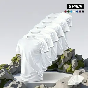 Men's 6-Pack Premium White Short-Sleeve Polyester T-Shirts, Ultra-Breathable Mesh Activewear Undershirts, High-Elastic Lightweight Quick-Dry Menswear Sports Clothes tee