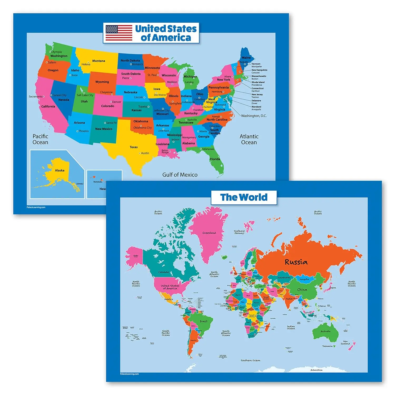 Laminated 2-Poster Set - Educational School Supplies World Map & Blank Map Wall Charts (18x24 in), Teaching Supplies