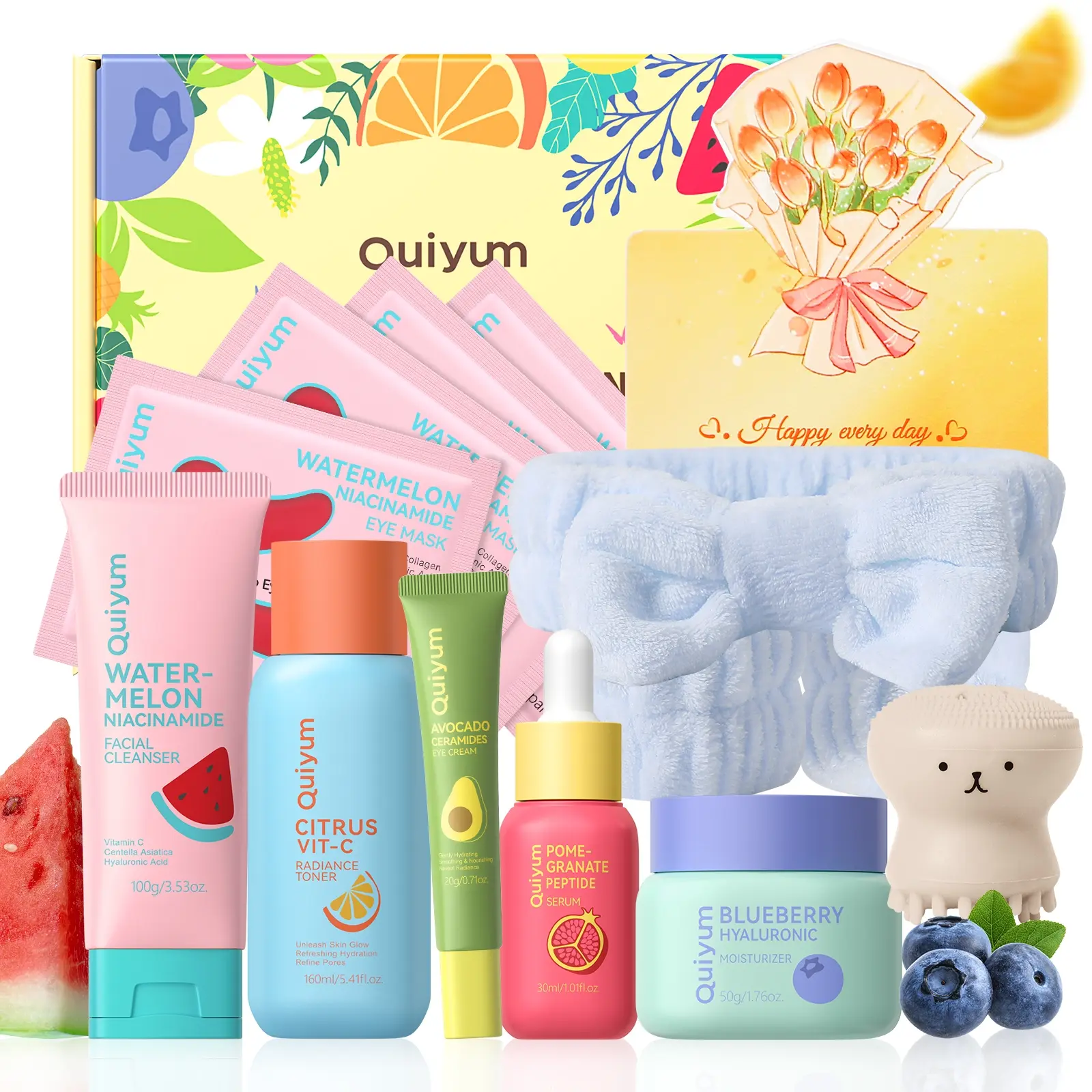 Quiyum Fruit Skincare Gift Set, Silky Hydration Set, Spa Kit, Facial Cleanser, Toner, Eye Cream,Serum, Cream, Eye Mask,Octopus Brush,Bandeau,Cards, Gift boxes, Best Gift For Birthday Present Or Christmas Gift Idear