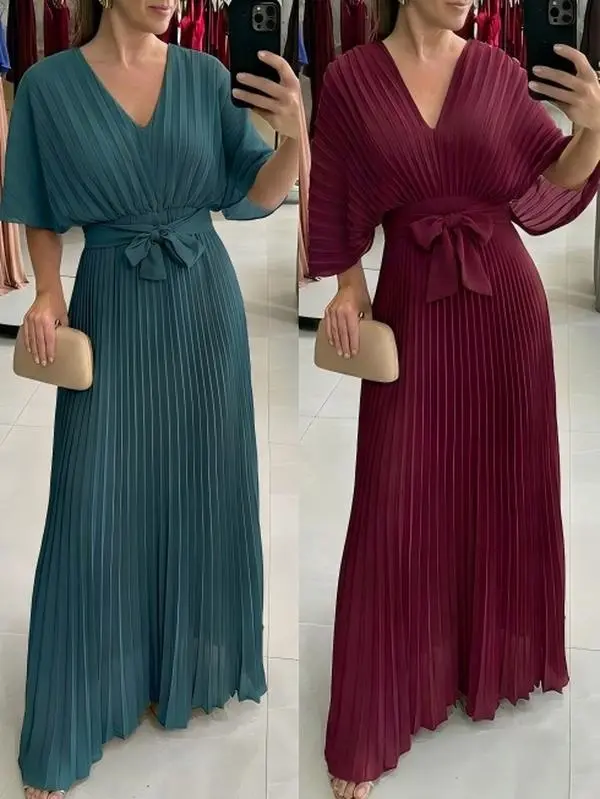 VVZ 2026 Women's Green Dress Elegant Pleated Maxi Dress V Neck Flutter Sleeve Cocktail Party Evening Gown Flowy Wedding Guest Prom Dress Womenswear