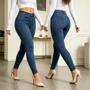 Women's High-Waisted Deep Blue Butt-Lifting Stretchy Skinny Jeans - Fashion Casual Womenswear Bottoms, Figure-Flattering Jeggings