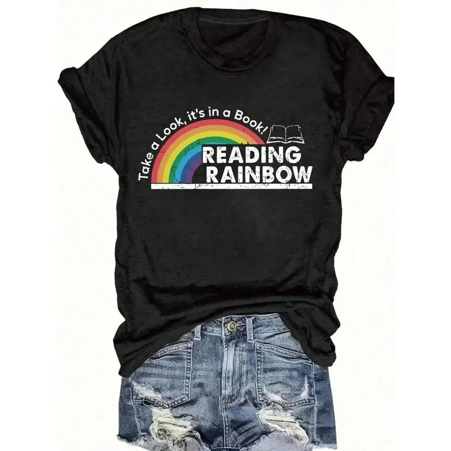 Women's Fitted Tops Print Y2K Crew Neck Tee-Plus Size - Women'S Red - Reading Rainbow Graphic Tee With Book Design - Casual Everyday Shirt For Teachers, Book Lovers - Valentine'S Day & Back To Outfits - Soft Everyday Top, Teacher Apparel good quote