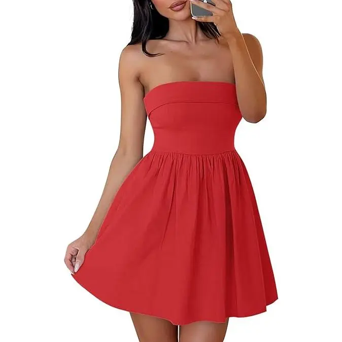 ZESICA Women's Summer Strapless Mini Dress 2026 Casual Off Shoulder A Line Swing Boho Beach Vacation Party Short Dresses