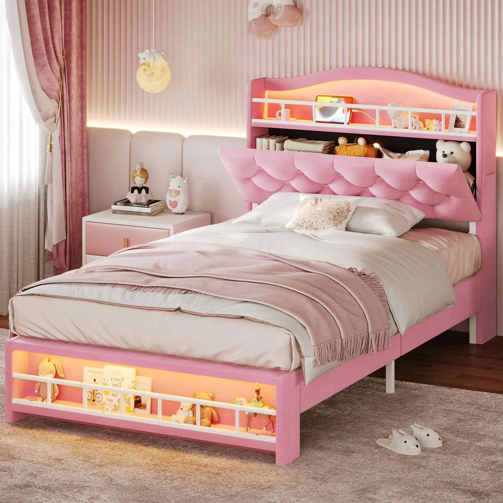 SIKAIC Twin Princess Bed Frame with LED Lights, Pink Velvet Upholstered Platform Bed with Crown Headboard, Storage and Charging Station for Girls Bedroom