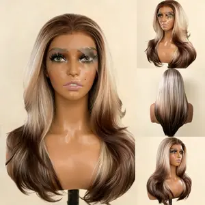 ShineTheory-13x4 Lace Front Wig - 20" Long Straight Japanese Synthetic Hair with Ash Blonde to Brown Highlights, 180% Density Glueless Tangle-Free Pre-Plucked Wig for Daily Wear, Cosplay & Mother’s Day Gift