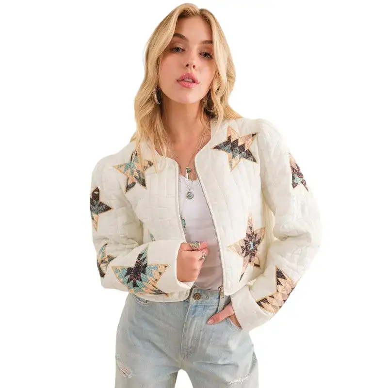 Quilted Multi Star Padded Western Jacket Cropped Cotton Casual