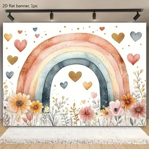 1 piece of Bohemian-style rainbow background fabric with heart shapes and flower patterns - suitable for weddings, birthdays, children's parties, made of polyester, rainbow party decoration wwx