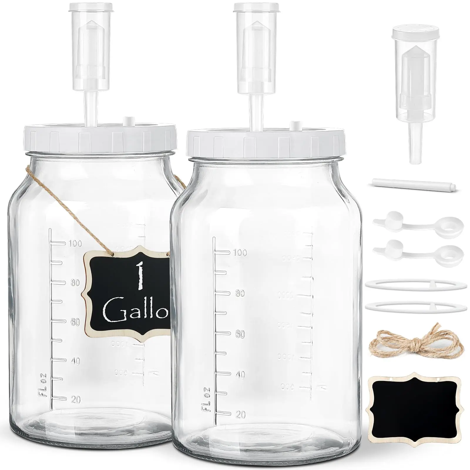Kitchen Thick Glass Leakproof Fermentation Containers - 2-Pc 1 Gal Wide Mouth Jars with 3 Airlocks, 2 Screw Lids, 100% Airtight Heavy-Duty Silicone Seals, Scale Marks for Sauerkraut, Sourdough Starter Storage