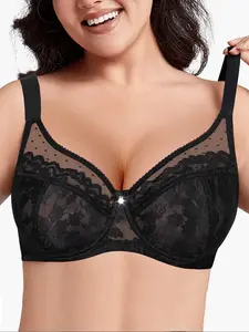 【Plus Size】 Lace Underwire Support Bra, Women's Elegant Breathable Comfortable Bra, Lady Exquisite Daily Essentials, Women's Lingerie for All Seasons, Soft Breathable Bra, Womenswear