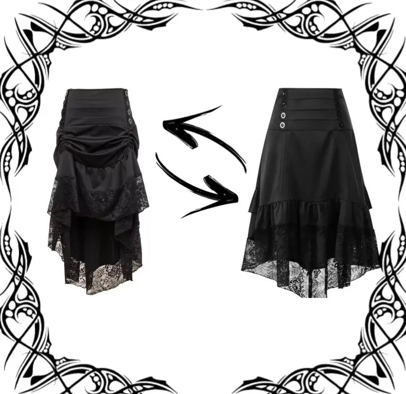 Women’s Gothic Black High Waist Lace Ruffle Asymmetrical Midi Skirt | Vintage Steampunk Witchcore Skirt | Punk Rock Alternative Fashion | Sexy Clubwear Outfit | TikTok Viral Must-Have | Aesthetic Party Streetwear