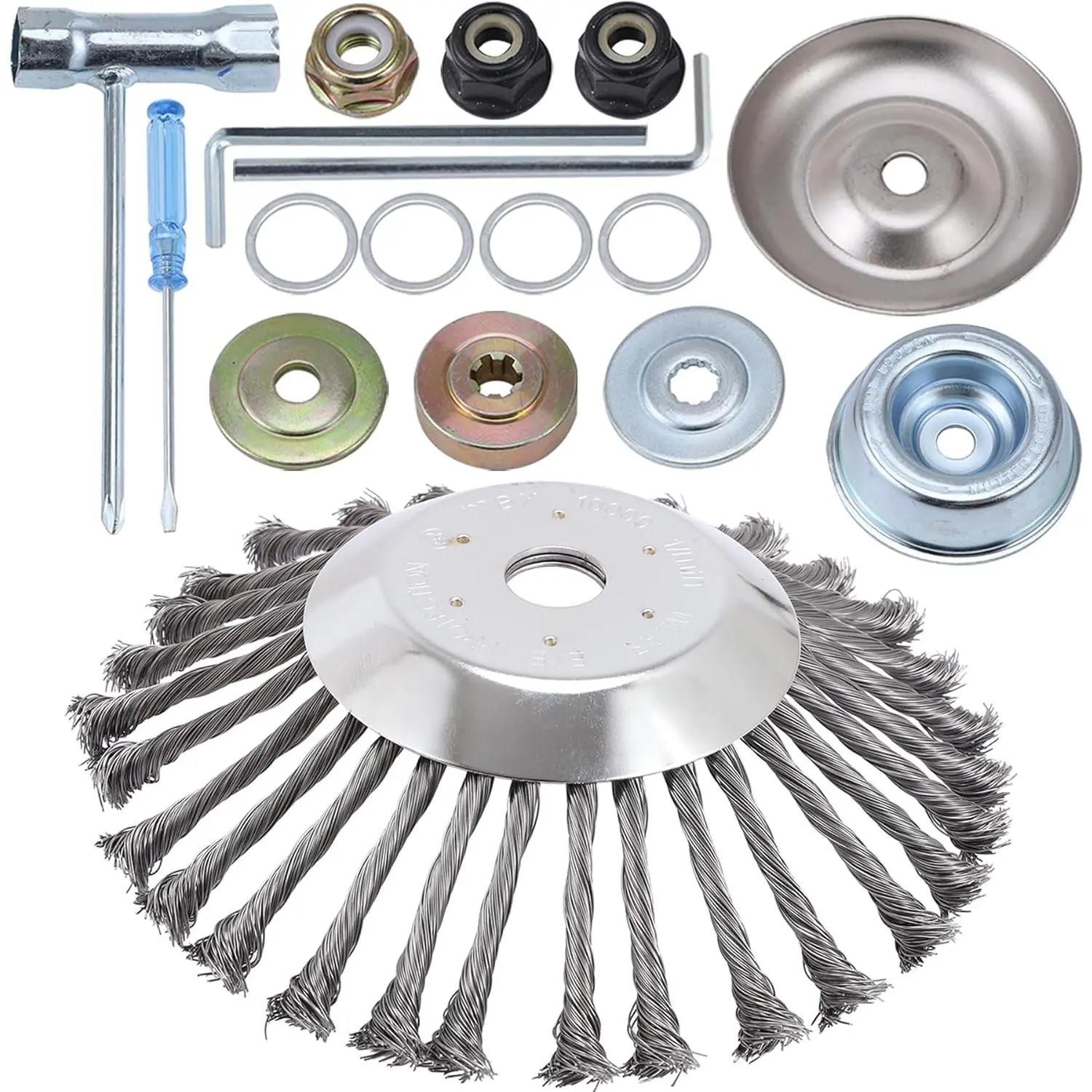 10 Inch Rotary Steel Wire Brush Cutter Trimmer Head Weed Blade Cutter with Adapter Kit Compatible with Stihl, Husqvarna,String Trimmers, Gardening Lawnmower, Moss Grass Rust Removal