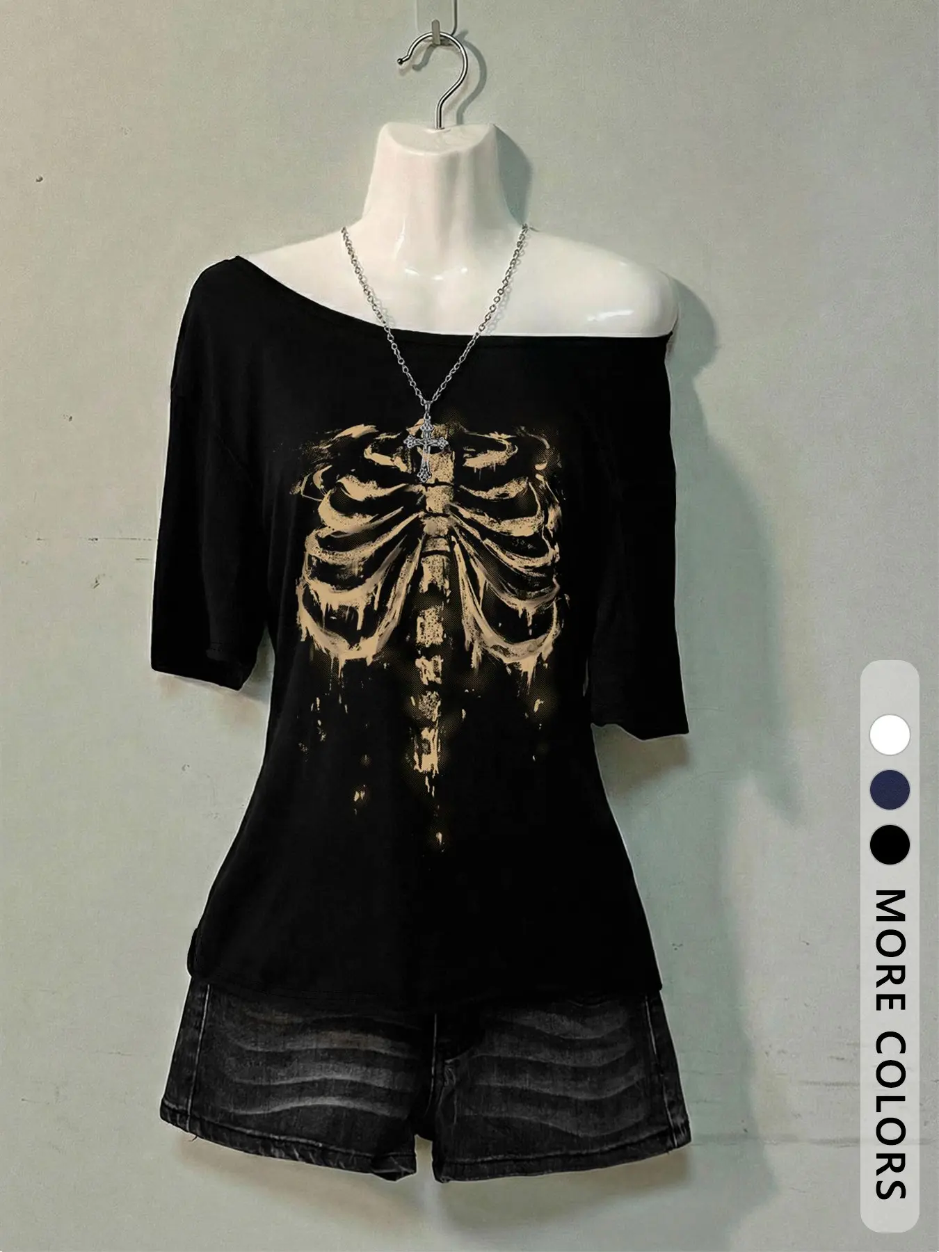 Vintage Street Skull Print Sexy Off-Shoulder Loose Fit Baggy Oversize Oversized Streetwear T-Shirt for Women, Summer & Fall, Casual Daily Wear, Party, Halloween, Tops